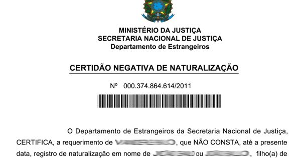 Código Certidão Negativa de Naturalização